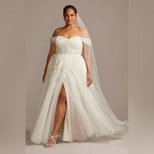 SWG834 Floral Wedding Dress with Removable Sleeves, Glitter Tulle & Leg Slit!